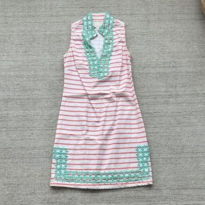 Sail to Sable Coral-Striped Dress with Mint Crochet Trim